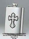 8 OZ. Flask with Cross and Center Fleur De Lis Design and Secure Cap